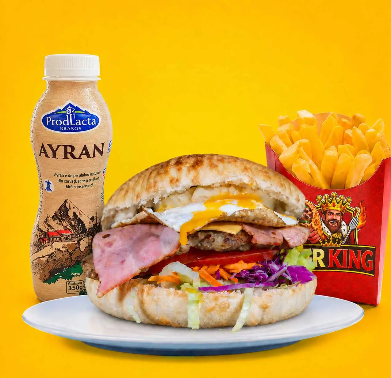 Hamburger special + porție de cartofi + ayran