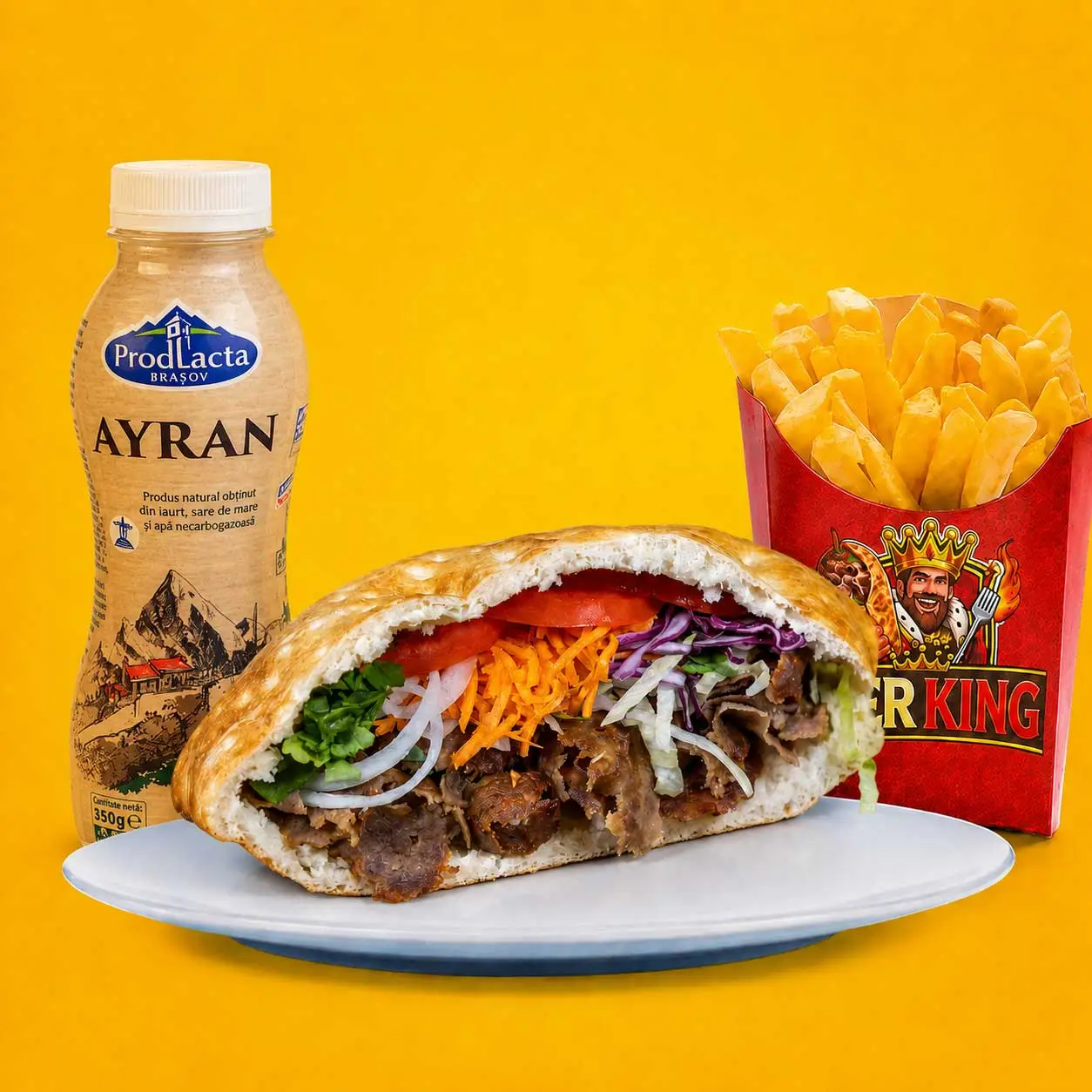 Döner kebab + porție de cartofi + ayran