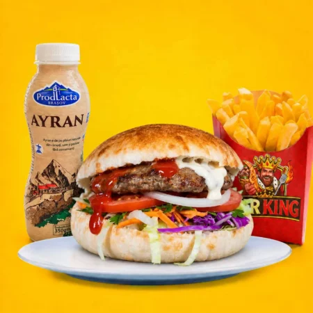 Hamburger + porție de cartofi + ayran