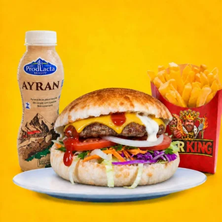 Cheeseburger + porție de cartofi + ayran